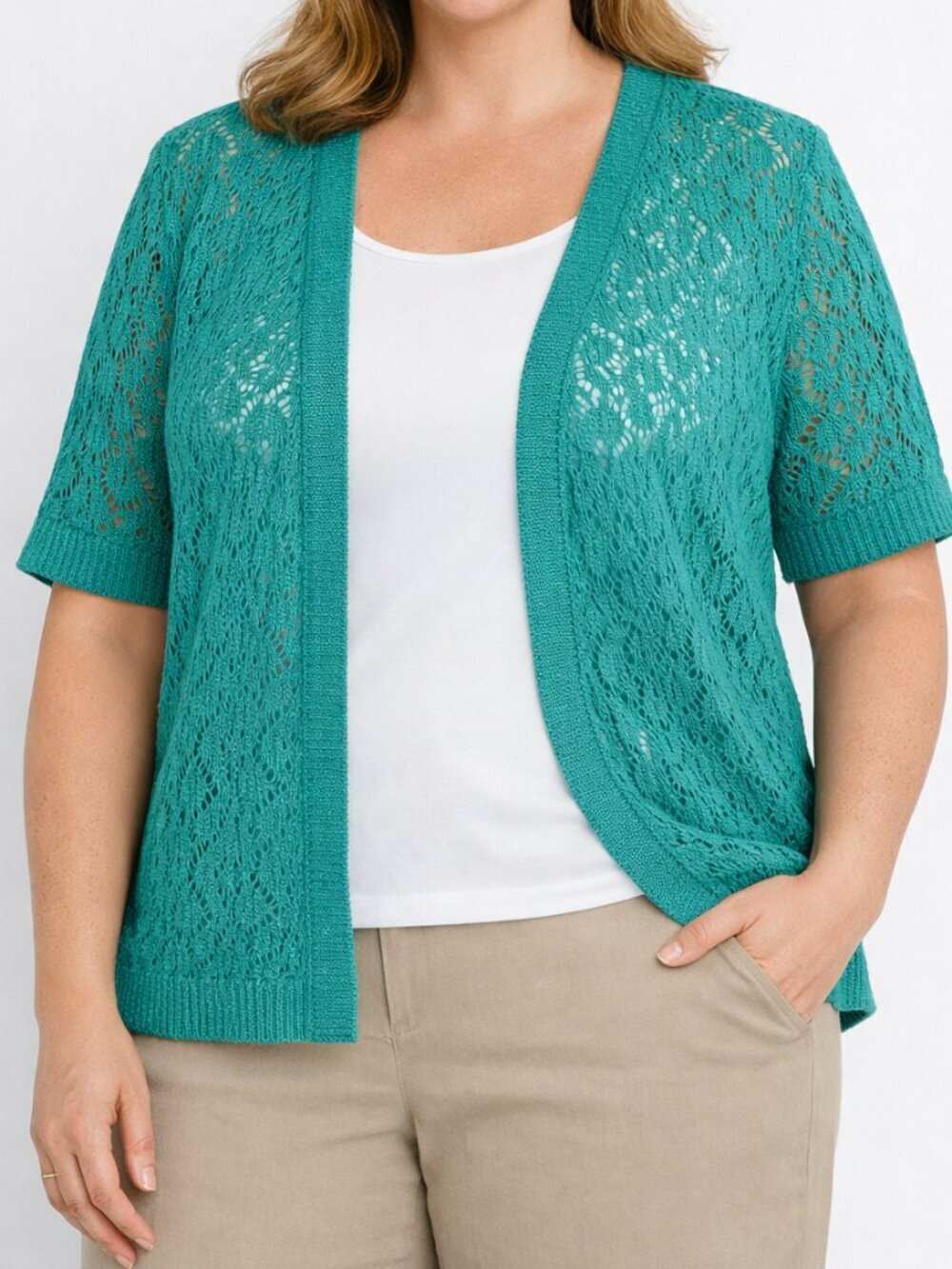 Alfred Dunner Teal-Green Crochet Short Sleeve Knit 1X Cardigan Sweater